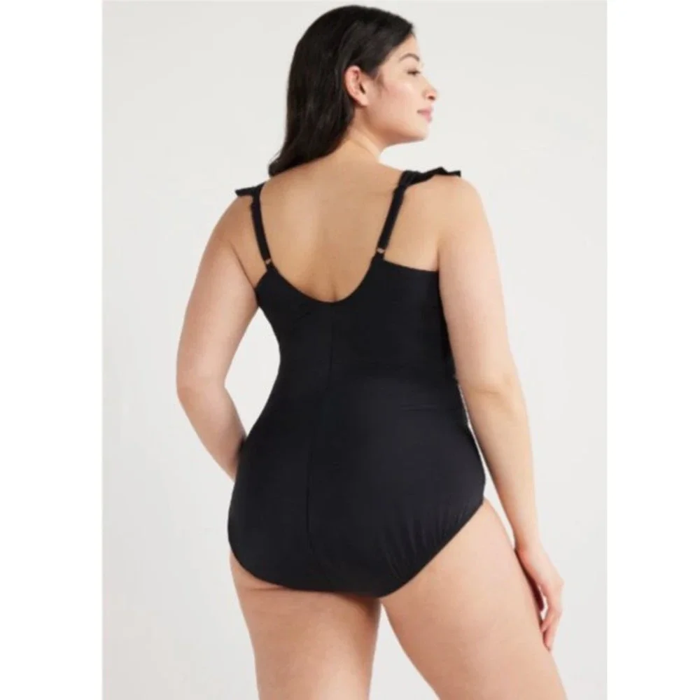NWT Time and Tru Black Ruffle One Piece Fashion swimsuit bathing suit new pool